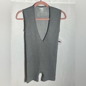 Pink Dot Ribbed Sleeveless Romper Gray V-Neck One Piece Lounge Bodysuit Size M